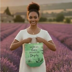 Inspirational Green Tote Bag - "Above All Love Each Other Deeply"